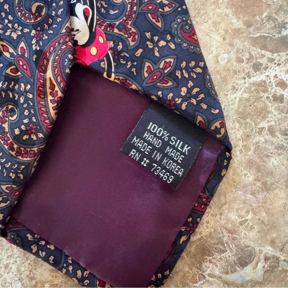 The Disney Store 100% Silk Necktie Designer Navy Burgundy Paisley Mickey Mouse